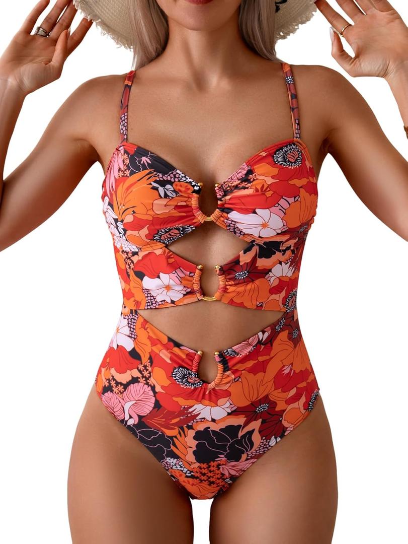 Eomenie Womens Cutout One Piece Swimsuit with Ring Linked Sexy Monokini Bathing Suit for Beach Vacation (Small, Red Black Print)