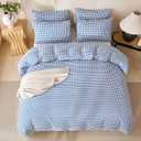 Grid Comforter Set Queen Blue Soft Luxury Washed Microfiber 3 Pieces Bedding Set, White Blue Grid Pattern Comforter with 2 Pillowcases Breathable Durable Comfy