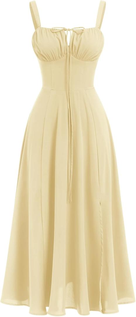 ABEHIK Summer Dress for Women 2024 Floral Corset Dress Boho Flowy Slit Bustier Lace Up Midi Dresses Going Out A Line Casual Sundress Adjustable Spaghetti Straps Bodycon Yellow S