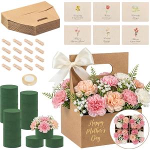 Reallnaive 16 Pack Mother's Day Gift 4 Cup Drink Carrier with Handle Floral Foam Set Kraft Coffee Carrier Holder Green Round Flower Foam Gift Cards for Teacher's Day Appreciation Party Favors