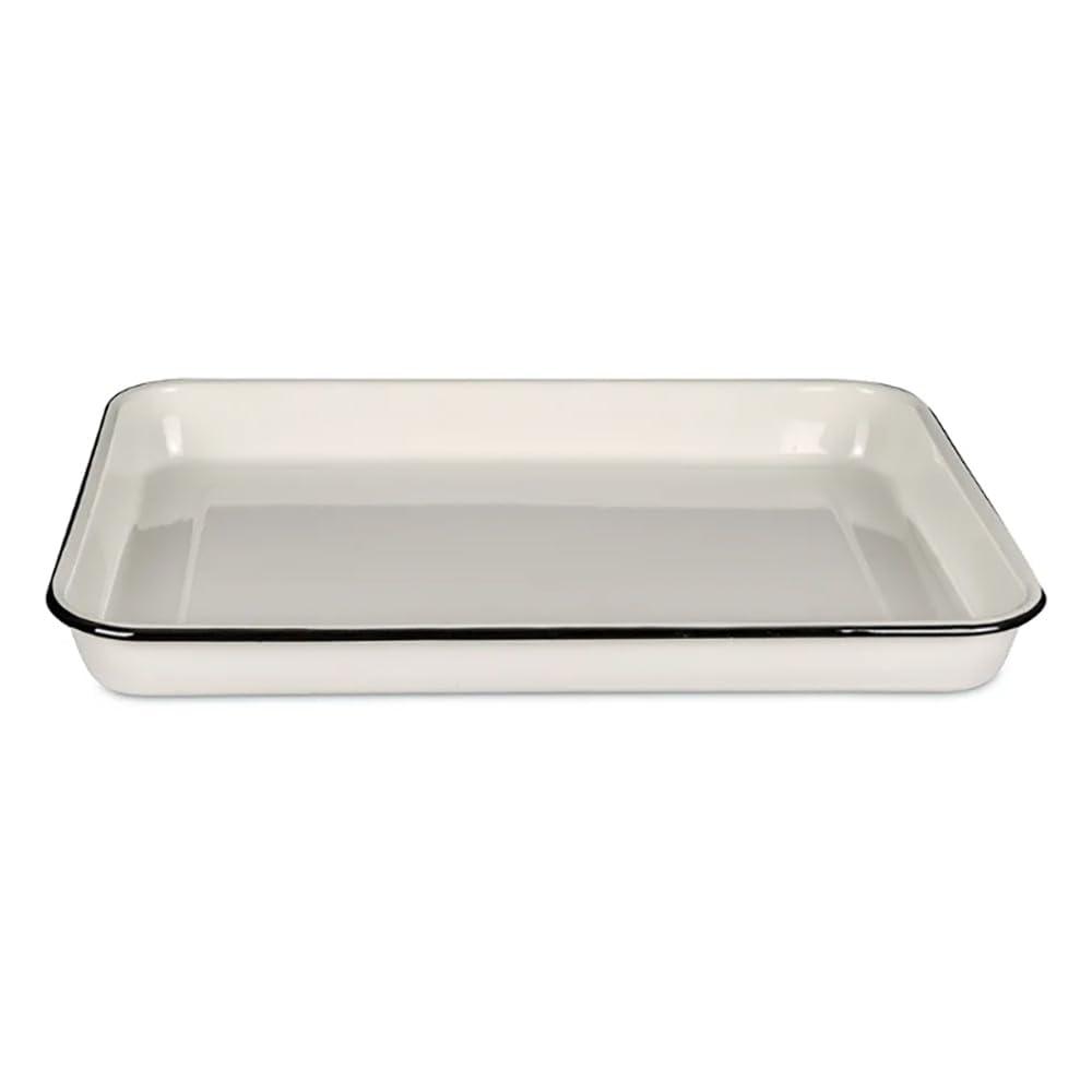 TableCraft 80012 Enamelware Collection Serving Tray, Solid White with Black Rim, Porcelain over Steel, Oven-to-Table, Retro Style, Induction Ready, Indoor/Outdoor Use, 16" x 11.5" x 1.5"
