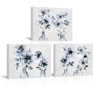 HOMEOART Floral Canvas Wall Art Watercolor Flower Prints for Living Room Bedroom Decor, Framed Artwork Ready to Hang Bathroom Wall Decor,12x16inchx3Pieces (Blue)