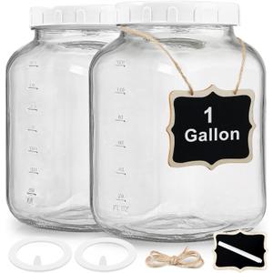 2 Pack Wide Mouth 1 Gallon Clear Glass Jar with Lid, Heavy Duty Airtight Screw Lid with Silicone Gasket - Large Mason Jar with 2 Scale Mark for Fermenting Kombucha and Storing Food (Extra 2 Gaskets)