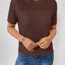 RICHSTORY Womens Spring Fashion 2026 Casual Crewneck Short Sleeve Sweater Soft Lightweight Hollow Out Knit Tunic Blouse Summer Sweater for Women Coffee Large