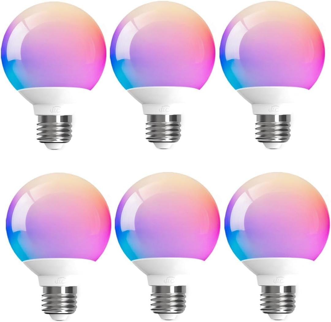 ILC G25 Globe Light Bulbs, App-Controlled Vanity Light Bulbs via Bluetooth Mesh,1600 Million Colors, 600LM, 6W, 60W Equivalent, 2700K Warm White, CRI>95+, E26 Base, Dimming via app only, 6 Pack