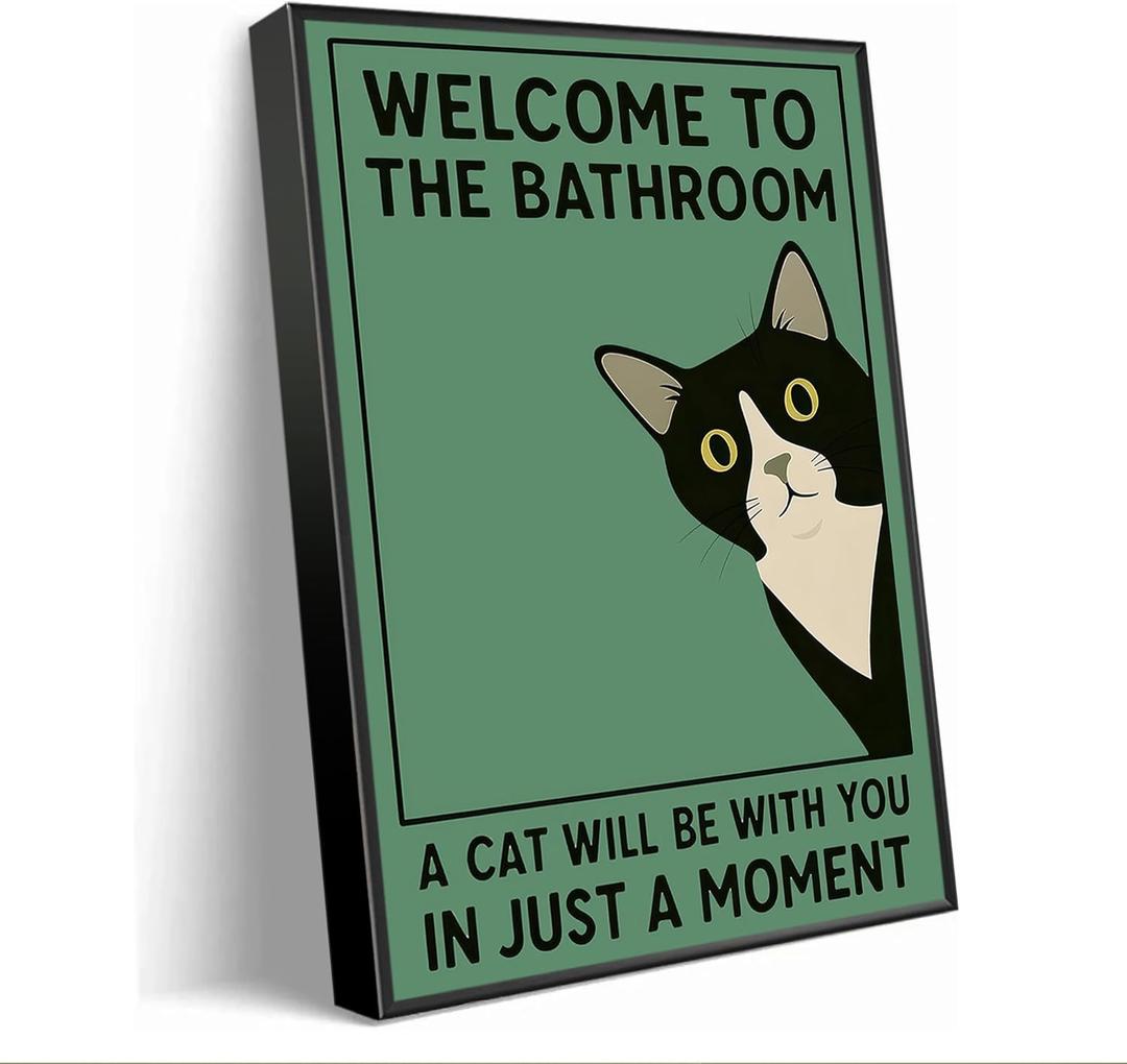 Cute Kitten Vintage Welcome To The Bathroom Canvas Wall Art Funny Quirky Tuxedo Cat Wall decor pictures Simple Green Cat Lovers Prints Painting For Home Bedroom Dorm decoration Framed (Black Metal Framed)