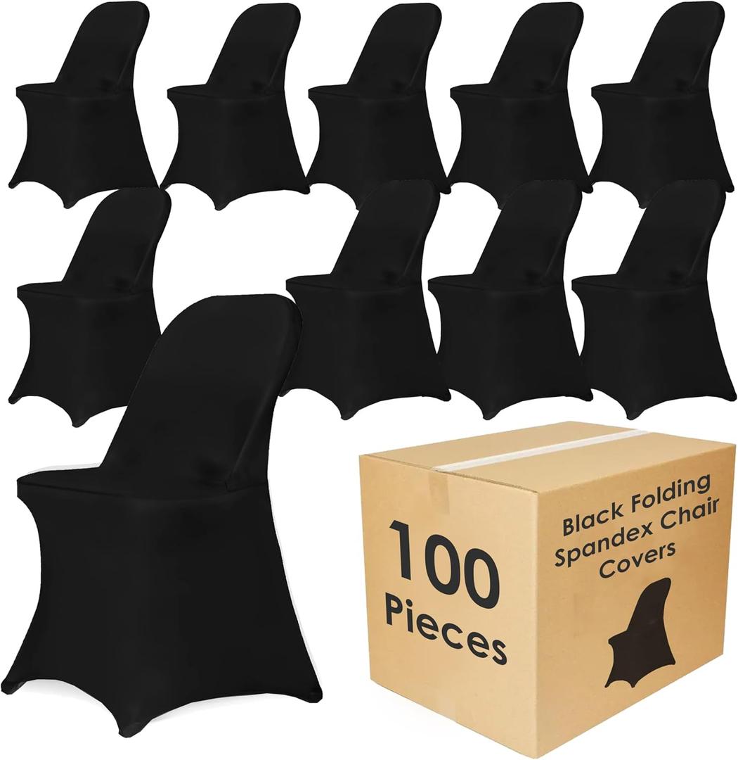Craft And Party 100 Pack Black Spandex Folding Chair Covers, Stretch Polyester Slipcovers for Wedding, Party & Dining Chairs  Flat Front Design, Universal Fit