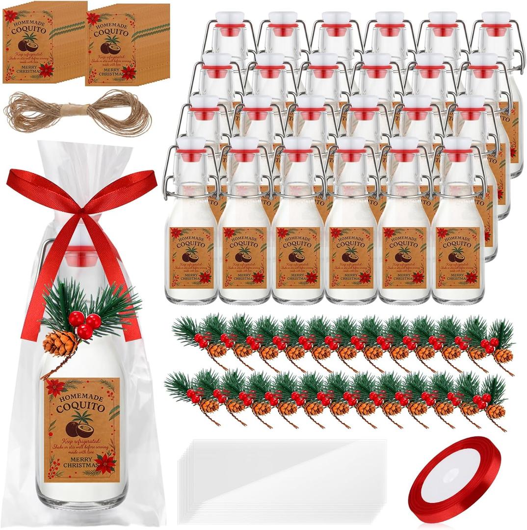 Ferrochef Christmas Coquito Swing Top Glass Bottles Round Flip Top Brewing Bottles with Pine Needle Stickers for Home Brewing Liqueur DIY Wedding Christmas Gifts Party Favors(3.4 oz,24 Pcs)