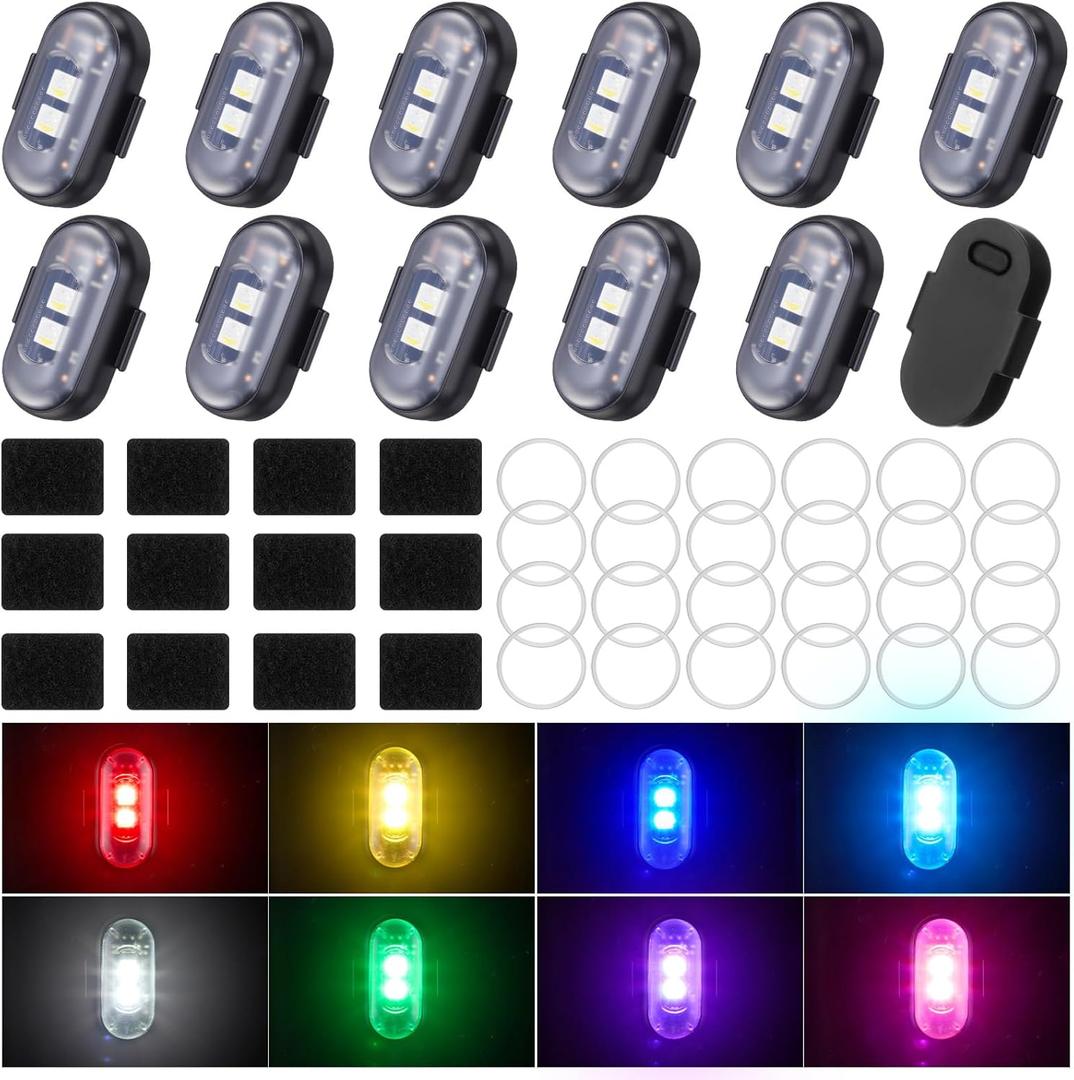 Xuhal 12 Pcs Wireless LED Strobe Lights with Remote Control 8 Colors RGB High Brightness Waterproof Anti Collision USB Emergency Warning Lights Bulk for Car Motorcycle Truck RC Aircraft Bike (Black)