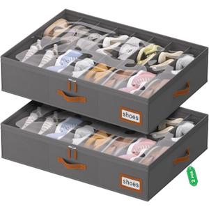 homyfort Shoe Organizer Under Bed, Fits 32 Pairs, Under bed Shoe Storage Boxes with Study Handles and Clear Cover, zapateras organizer for shoes, set of 2