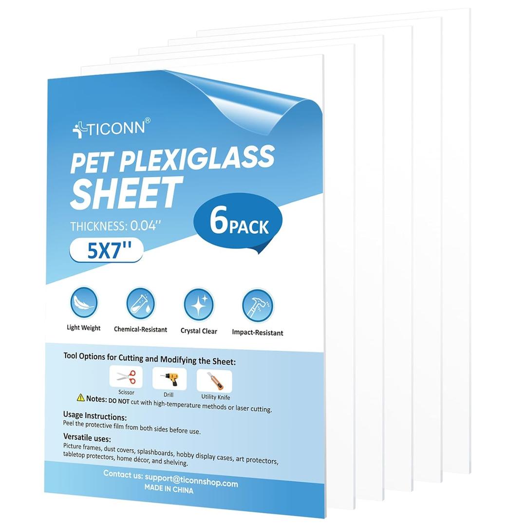 TICONN 6PK 5" x 7" PET Plexiglass Sheets, Clear Plastic Sheet, Easy to Cut Thin Flexible PET Plastic Sheeting Panels for DIY Art Projects, Crafts, Picture Frames, Signs