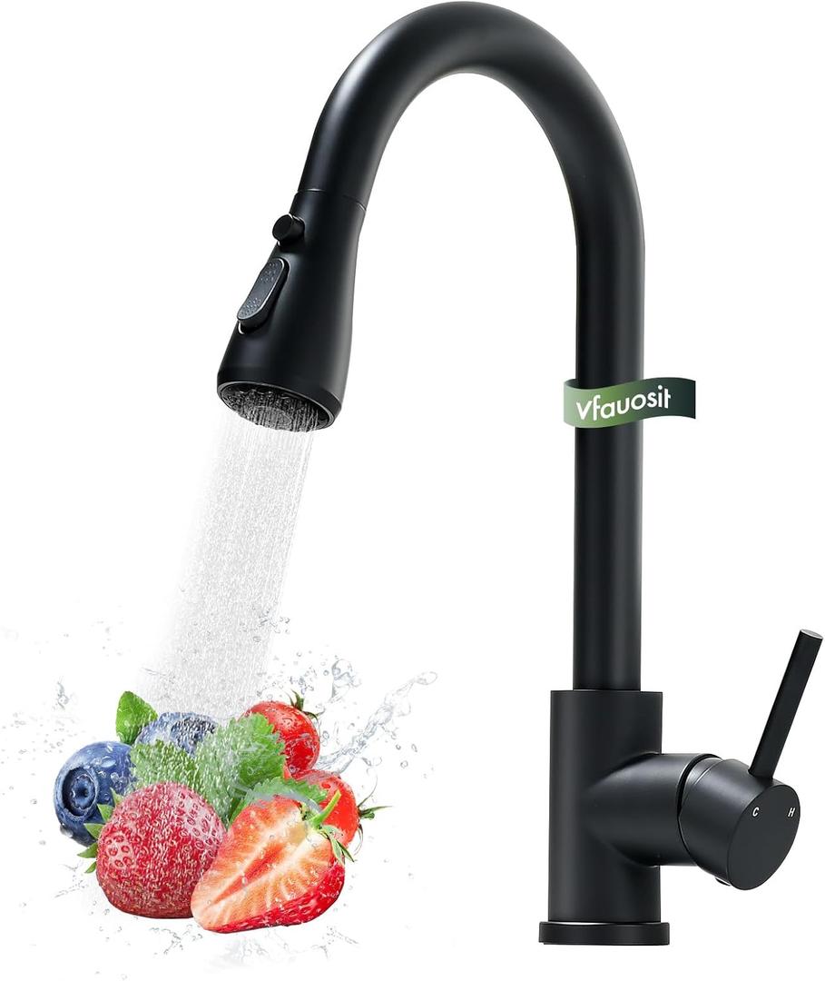 Black Kitchen Faucet with Pull Down Sprayer, VFAUOSIT Industrial Commercial Stainless Steel Single Handle Single Hole 3 Hole RV Laundry Pull Down Pull Out Gooseneck Kitchen Sink Faucets Matte Black