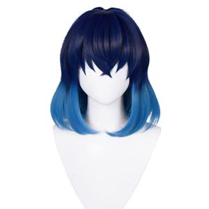 Wiggy Mermaid Dark Blue Wig for Inosuke Cosplay Costume Unisex Anime DS Short 2 Tone Wig for Halloween Party + Cap