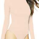 MANGDIUP Women's Round Collar Long Sleeve Elastic Bodysuit Jumpsuit(7001 Nude-L)