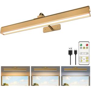 Picture Light for Wall, 5000mAh Rechargeable Cordless Wall Light,15.8'' Dimmable 3 Color Temperatures Magnetic Poster Light with Controller and Timer for Gallery, Living Room, Hallway（Gold）