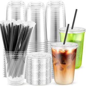 50PCS 16 oz Round Bottom Plastic Cups with Lids and Black Straws, Clear To Go Iced Coffee Smoothie Juice Cups, Disposable Cold Drink Bubble Tea Party Cups for Catering, Christmas, Birthdays, Takeout