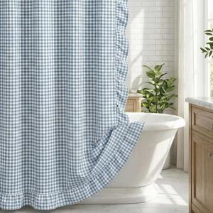 HunnmingRe Ruffled Gingham Shower Curtain 72 x 72 Inch Dust Blue Cotton Vintage Farmhouse Rural Plaid Shower Curtain with 12 Hooks for Bathroom Bathtubs Decor