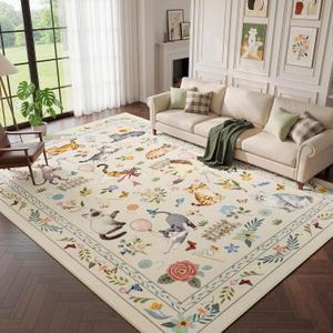 Unirea 9x12 Beige Cat Area Rug for Living Room, Bedroom, Large Soft Washable Kids Rug, Non Silp Animal Rugs for Home Office, Playroom, Thin Low Pile Stain Resistant Carpet for Dining Room
