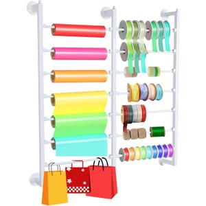 7-Tier Double Row Metal Ribbon Organizer Wall Mount, 14 Removable Rods Large Capacity Storage Holder Rack, Heavy Duty Craft Room Organization for Flower Shop DIY Yarn Gift Bag - White
