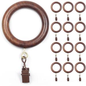 24 Pack Wooden Curtain Rod Rings with Clips  Fits 11.5 Inch Poles (Natural Rosewood)