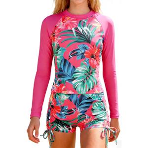 Girls Swimsuit Long Sleeve Rash Guard Bathing Suit Two Piece Swimwear Swimming Tops and Ruched Shorts 12-13Y