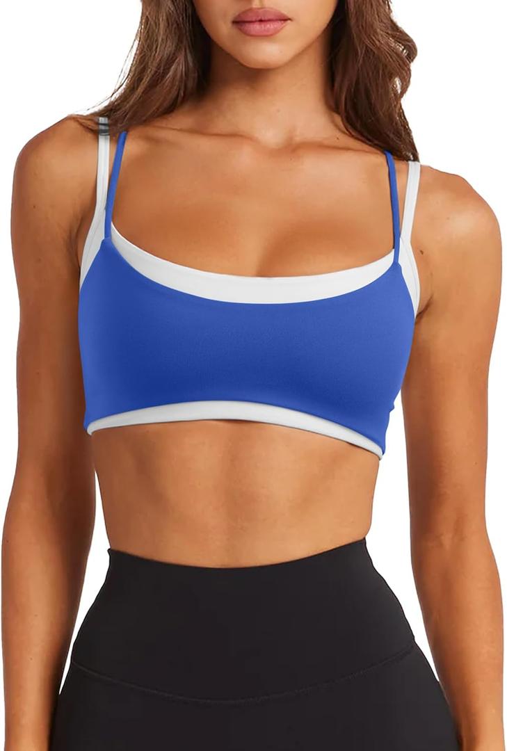 LASLULU Womens Double Layered Sports Bra Adjustable Spaghetti Straps Sexy Scoop Neck Wireless Padded Workout Yoga Crop Tops (Small,  Blue)