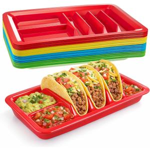 Uiifan 12 Pcs Colorful Plastic Taco Plates for Birthday Party with Stand up Divider for 3 Tacos and 2 Dipping Areas Trays for Mexican Party Fiesta Microwave Dishwasher Safe