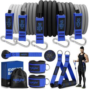 WALITO Resistance Bands Set - Exercise Bands with Handles, Door Anchor, Legs Ankle Straps, for Heavy Resistance Training, Physical Therapy, Muscle Training, Yoga, Home Workouts, Gym (Blue)