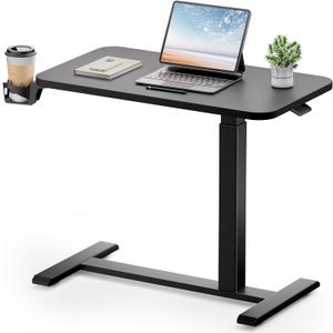 GTPLAYER Small Standing Desk with Hidden Wheels, Pneumatic Mobile Rolling Laptop Desk, Adjustable Height Overbed Bedside Table Computer Workstation for Home Office (32" W x 16" D, Black)