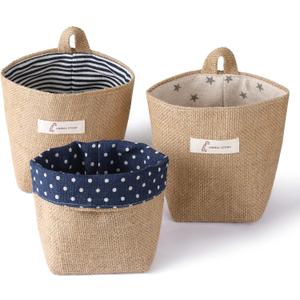 3 PCS Mini Hanging Storage Bag Cotton Linen Small Storage Basket Wall Hanging Storage Pouch Foldable Storage Box Family Organizer Decorative Bag for Key Sunglasses Snack Wallet on Door Closet Desktop