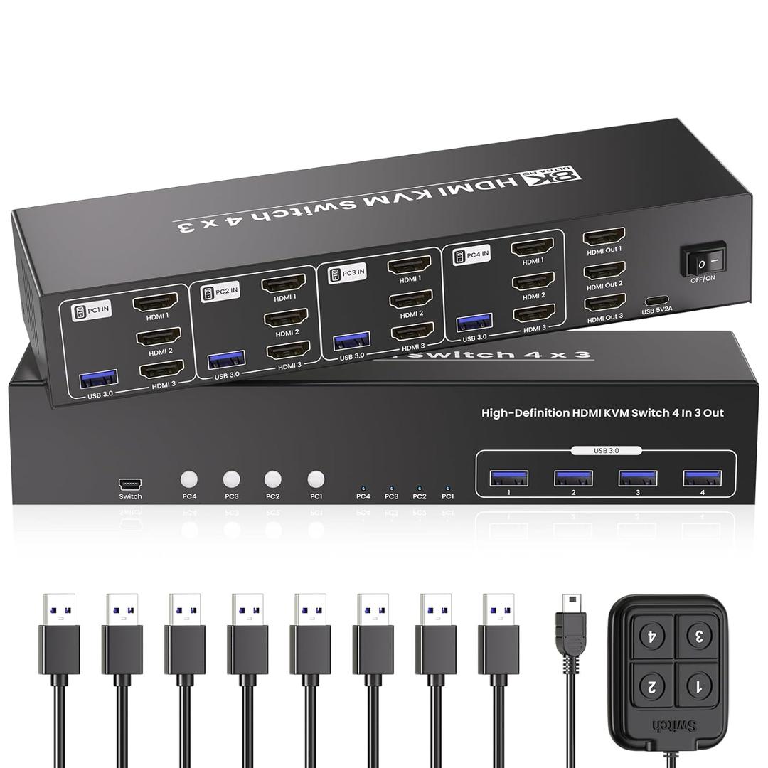 USB 3.0 HDMI KVM Switch 3 Monitors 4 Computers with 4 Port USB 3.0 Hub, 8K@60HZ 4K@120Hz 4 Port HDMI KVM Switch for 4 PCs Share 1 Set of Keyboard, Mouse and 3 Monitors