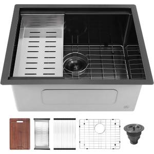 Davivy 22 Inch Black Kitchen Sink Undermount, 16 Gauge Stainless Steel Kitchen Sink Workstation, 22 x 18 x 10 Large Deep Single Bowl Design with Accessories