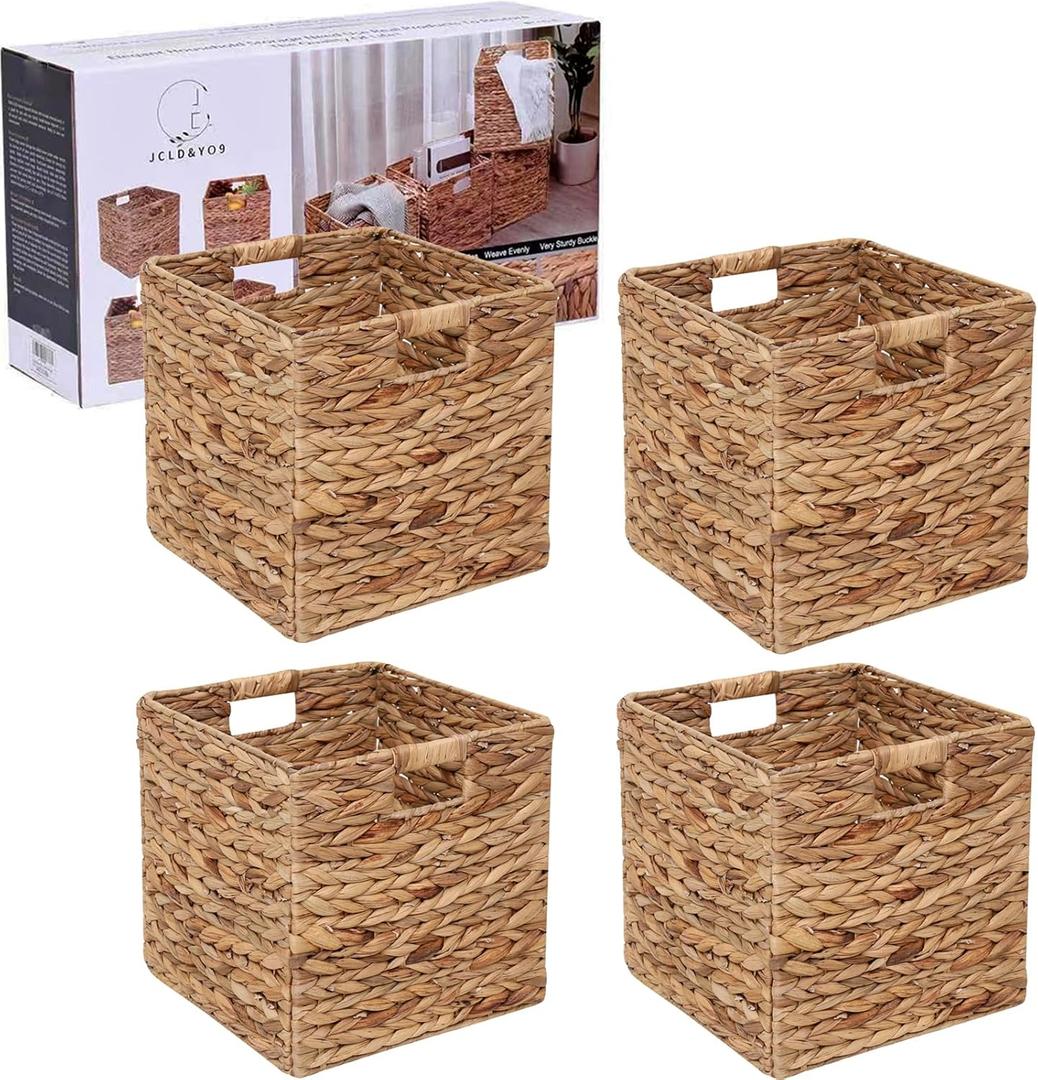12x12in Storage Baskets Set of 4 Water Hyacinth Baskets, Foldable Handwoven Storage Cubes, Wicker Cube Baskets Laundry Organizer Totes for Home