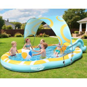 Kiddie Pool with Slide and Canopy, Inflatable Kids Pool with Slide Large Durable Thickened Toddler Pool, Backyard Water Play Center for Kids, Inflatable Water Slide for Kids Backyard (126"x72"x52")