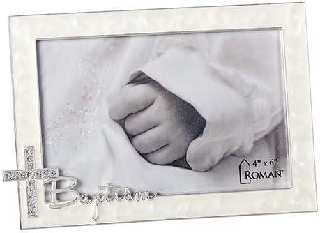Baptism Script With Jewel Tone Cross Swirled Ivory 7.25 x 5 Zinc Photo Frame
