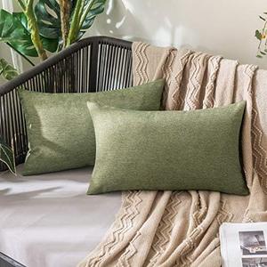 MIULEE Pack of 2 Decorative Outdoor Solid Waterproof Throw Pillow Covers Faux Linen Garden Farmhouse Cushion Cases for Patio Tent Balcony Couch Sofa 20x12 Inch Dark Green