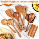 9 Piece Natural Teak Wooden Kitchen Utensil Set with Spoon Rest - Comfort Grip Cooking Spoons and Utensils Holder
