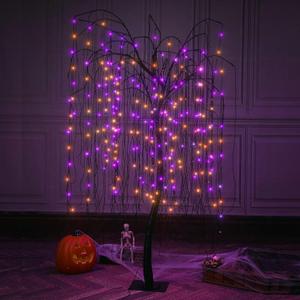 LIGHTSHARE 7 Feet Halloween Willow Tree, 256 LED Lights for Home, Festival, Nativity,Party, and Christmas Decoration,Includes Spiders and White Cobweb,Indoor Outdoor Use,Orange & Purple