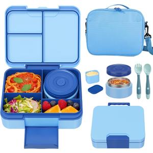 Kids Bento Lunch Box Set with 9.5oz Soup Thermo, Leak-Proof Lunch Food Containers with 3 Compartment and Removable Inner Tray, Insulated Hot Food Jar with Lunch Bag for School, Office, Blue
