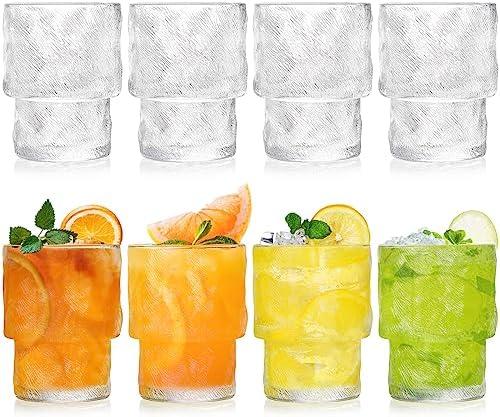 Frcctre 8 Pack Stackable Drinking Glasses, 6.5 OZ Romantic Lowball Cocktail Glasses, Small Vintage Fluted Glassware Glass Tumblers Cups for Iced Coffee, Juice, Beer, Soda, Coocktail