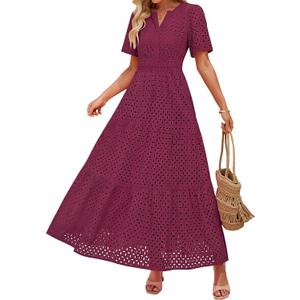 ZESICA Summer Dresses for Women 2026 Casual V Neck Short Sleeve Eyelet A Line Beach Vacation Long Maxi Dresses (L)