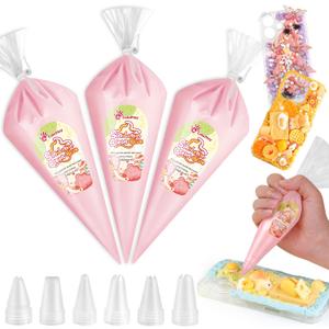 Cream Glue, 3PCS Coral Pink Whipped Cream Glue Kit (Each 100g) with 6PCS Piping Tip, DIY Phone Case Kit for Decoration Craft Gift Fun for Birthday, Christmas