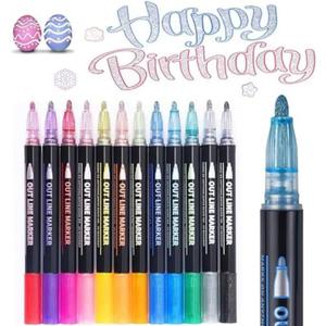 Misssugar5 Glitter Markers Double Line Outline Markers, 12 Colors Doodle Dazzle Markers, For Painting, Christmas Cards, DIY Craft Projects Art Supplies For Girls Kids Ages 8-12 Glitter Pens For Adults