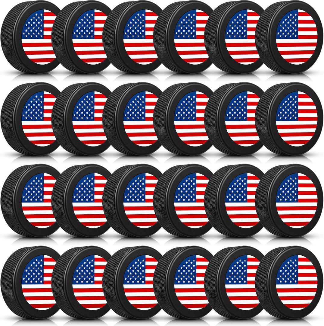 Wettarn 24 Pcs 4th of July Foam Ice Hockey Pucks 3" Mini Patriotic Knee Indoor Red White Blue Hockey Pucks with Mesh Bag for Practicing and Training Party Favors Birthday Fun Gift Decoration