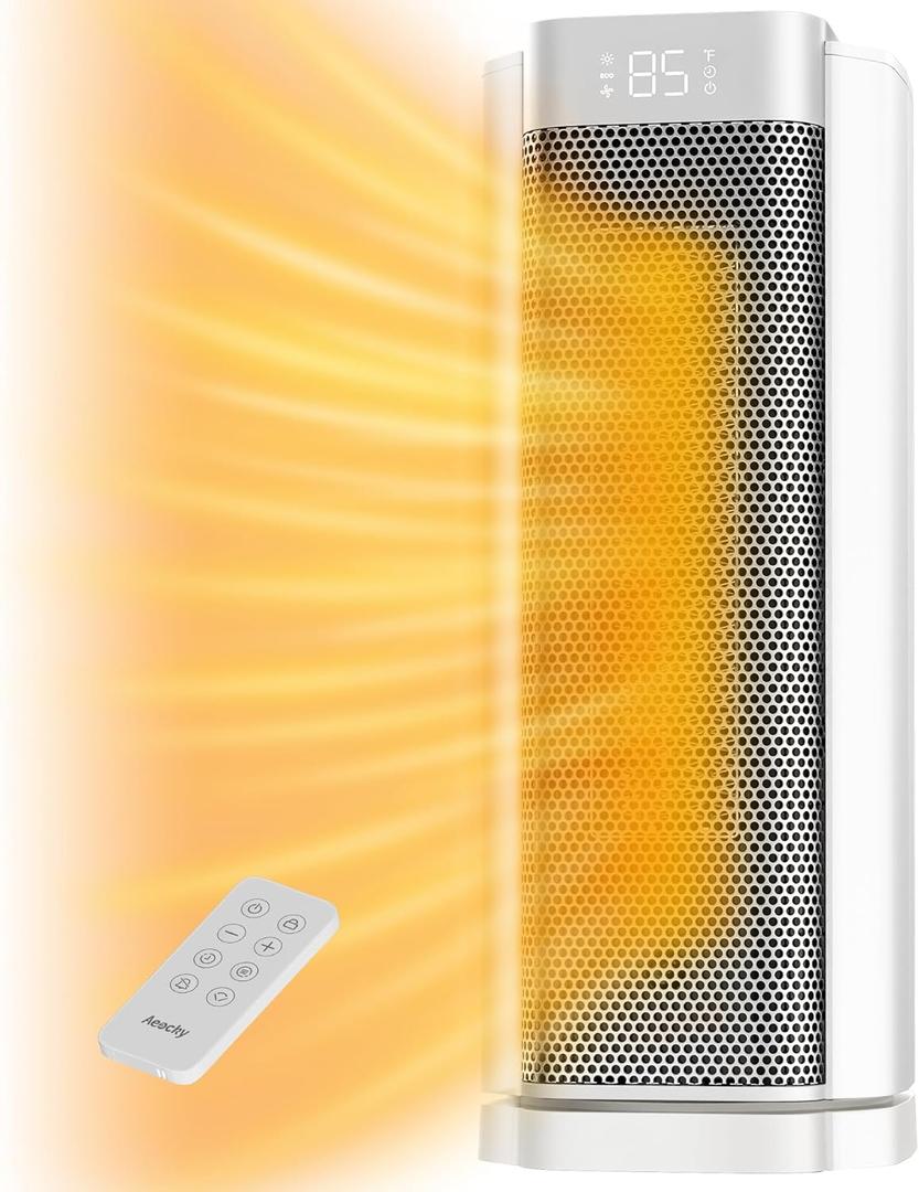 AEOCKY 3rd-Gen Space Heater with AI Thermostat, 1500W PTC Electric Heaters for Indoor Use With Remote, 70 Oscillation, Utmost Silence, Safe Portable for Office, Bedroom, Room, Home (White)