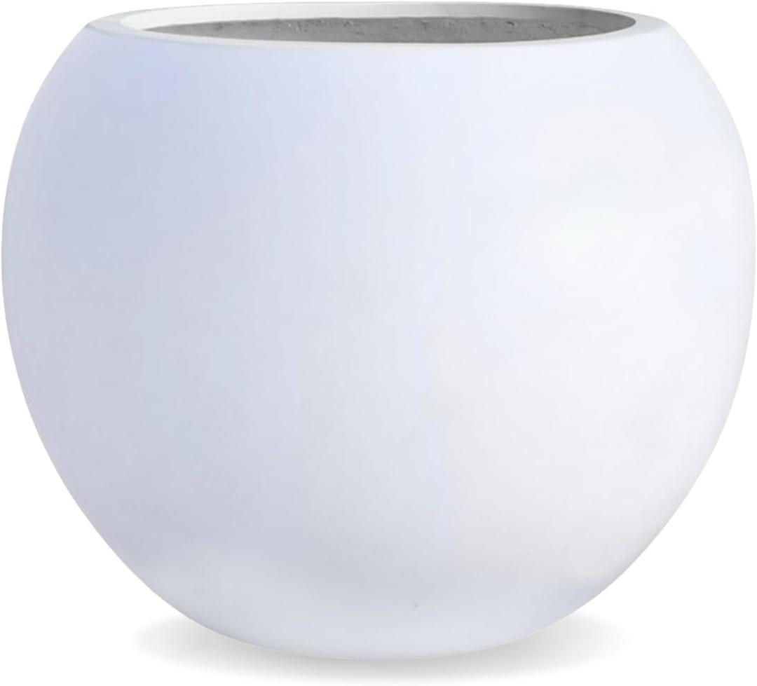 12.8" H x 16" D Globo Fiberstone Round Planter with Drainage Hole, Smooth Finishes, Weather Resistant for Indoor and Outdoor Use, Included 2 Extra Coco Mats (White, 10.7" Pot Opening)