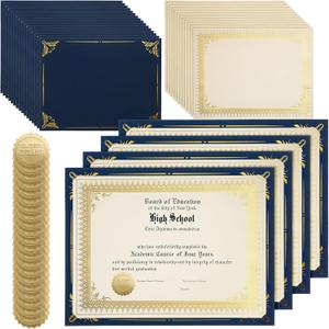 Fainne 50 Sets Certificate Kit Includes 50 Pcs 9.5 x 12 Inch Certificate Holders 50 Pcs Letter Size Papers 50 Pcs Foil Award Seals Diploma Covers for Appreciation(Navy Blue, Gold)
