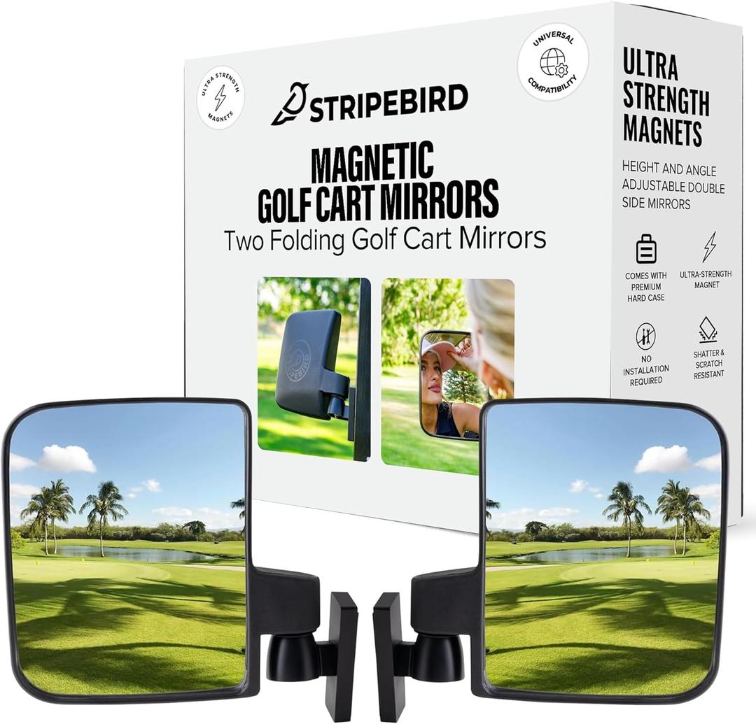 Stripebird - Magnetic Golf Cart Mirrors 2.0 (Black) - No Drilling - Ultra-Strength Magnet - 2 Folding Side Mirrors - EZ Go Accessory - Club Car Accessory - Golf Cart Accessory