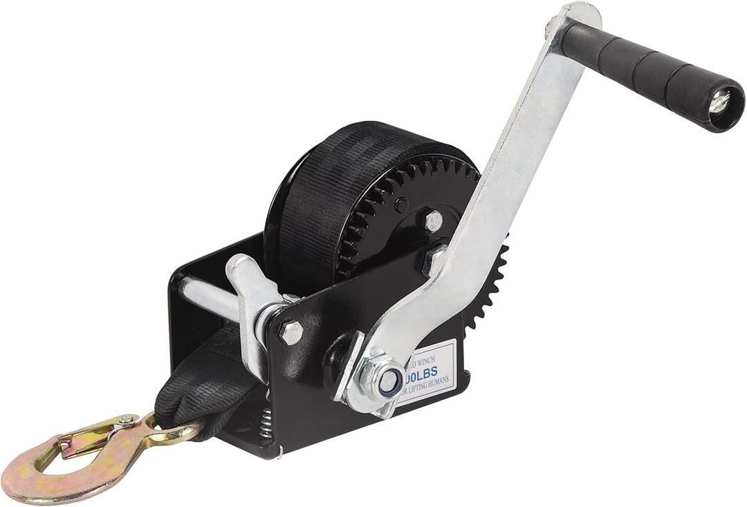 Hand Winch Boat Trailer Winch 800lbs Heavy Duty Hook with 16.4ft Polyester Strap, Two-Way Ratchet Manual Operated Winch for Trailers ATV UTV Boat Marine