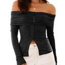Cicy Bell Womens Off The Shoulder Tops Cute Long Sleeve Slim Fit Ribbed Ruched Shirt 2024 Fall Y2k Clothes Black, Size M